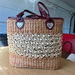 Woven Straw Tote Bag with Burgundy Leather Trim